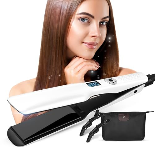 Plancha De Pelo Profesional, Plancha De Pelo, Placa Calefactora Más Ancha, Plancha De Pelo Con Pantalla Lcd, Herramienta De Peinado Ptc, Blanco