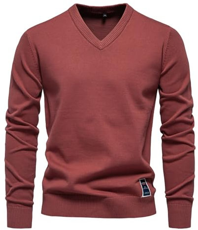 Jersey de punto para hombre, cuello de pico, algodón, elegante, de punto fino, manga larga, camiseta básica, ajustada, elástica, para otoño e invierno, rojo, M