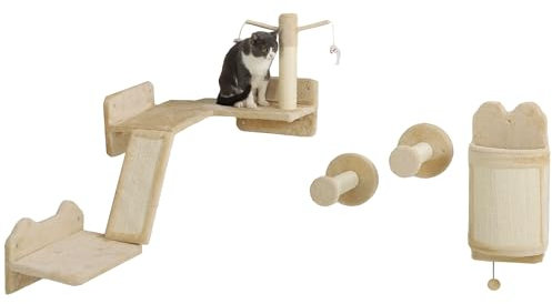 PawHut Étagères murales pour Chat, Ensemble de Meubles muraux pour Chat, Lot de 4 pièces, avec étagères, griffoirs, Plate-Forme de Saut, teasers, Balle de Jouet, Beige