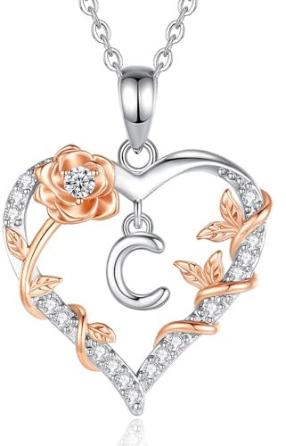 EUDORA Harmony Ball Rosa Cuore Collana con iniziale C per donne Lettera C Alfabeto iniziale Collane Rame Placcato rodio Ciondolo con Zirconi Cubici, Iniziali Gioielli Regali per Donne Moglie, 18