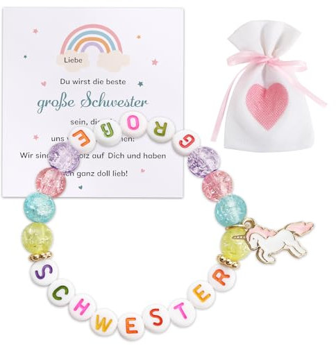 BOOMTOP Große Schwester Armband Geschenk Du wirst Große Schwester Armband Bunt Postkarte Kinder Big Sister Kinderarmband Geschenk zur Geburt Elastisches Perlenarmband mit Kärtchen und Stoffbeutel