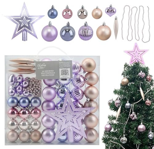Daniel James 50-Piece Christmas Baubles Set – Shatterproof Hanging Baubles with Bead Chain & Star Tree Topper - Christmas Tree Decorations & Xmas Ornaments - Blush Pink