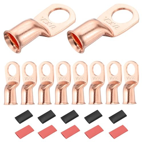 DMiotech 10 Pcs 1/0 AWG - 1/2 Copper Cable Lugs, Battery Cable Ends, Heavy Duty Copper Wire Lugs with 10pcs Heat Shrink Tubing for Electrical Projects, Copper