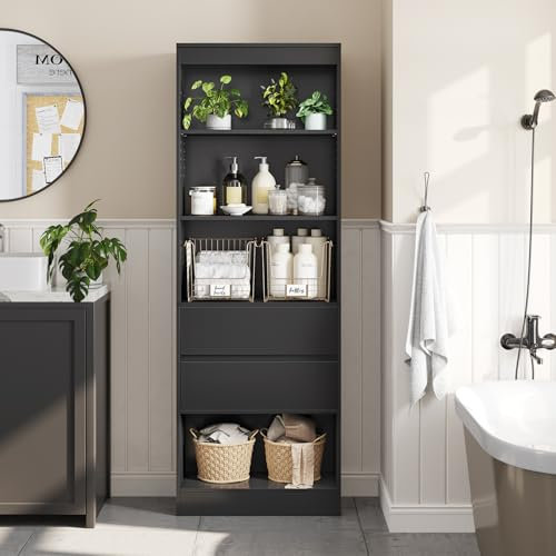 FORABAMB Hochschrank Badezimmer, Badezimmerschrank mit 3 große Schubladen und offene Fächer, Wasserdichter Aufbewahrungsschrank mit Verstellbaren Ablagen, für Wohnzimmer, Schlafzimmer, Küche, Schwarz