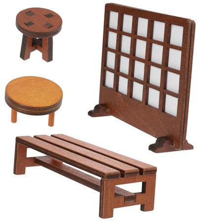 WESIEVYA 4-teiliges Holz-Bildschirm-tischset Miniaturmöbel-Ornament Retro-hockermodell Puppenhauszubehör Mini-Dekoration