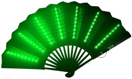 Ruhnjyg Leuchtender Festival-Faltventilator – LED-Handventilator, tragbarer Faltventilator für Festivals, batteriebetriebener, leuchtender Handventilator zum Tanzen, Grün