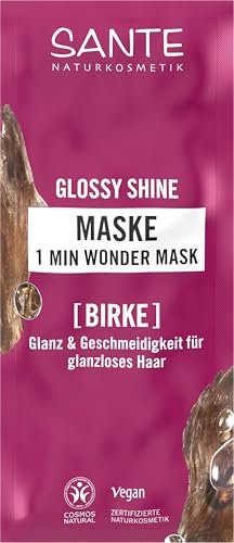 SANTE Naturkosmetik Glossy Shine 1 Min Wonder Mask, Tiefenpflege für glanzloses Haar mit Bio-Birkenblattextrakt & 3-Fach Protein Komplex, für 3x mehr Glanz & Geschmeidigkeit, vegan, 20ml
