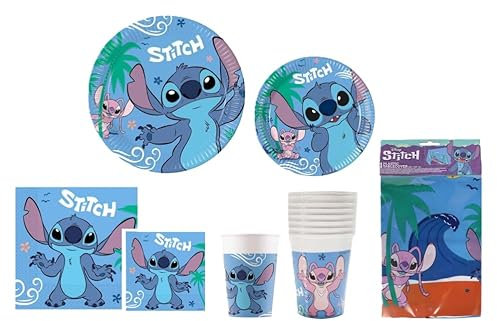 Kit Compleanno Stitch per 8 Persone – Set Tavola con Piatti Grandi e Piccoli, Bicchieri, Tovaglioli e Tovaglia – Addobbi Festa a Tema Stitch per Bambini