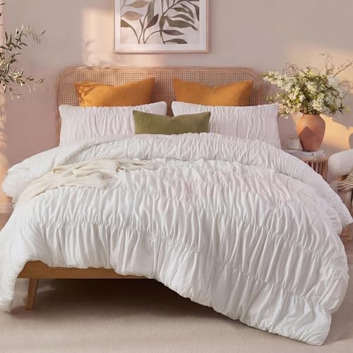 Bedbay Boho-Bettwäsche-Set für King-Size-Bett, weiß, gerüscht, 100% Baumwolle, strapazierfähig, flauschig, 3-teilig, Vintage-Rüschen, weißes Bettwäsche-Set mit 1 Bettdecke und 2 Kissenbezügen