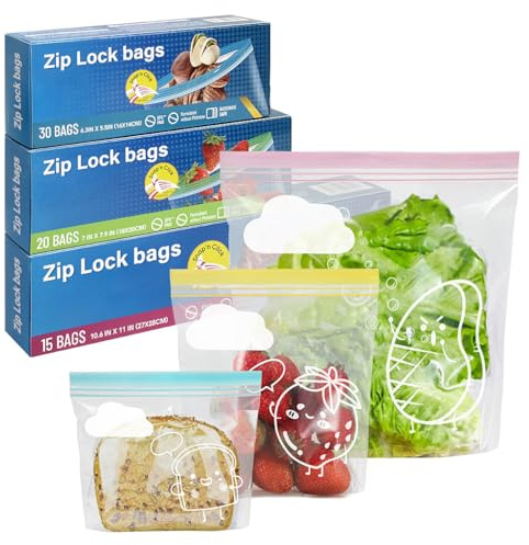 ZCDA 65-Pack Reusable Ziplock Freezer Bags,3 Sizes (1/2.5/5 Litre) BPA-Free Food Bag with Expandable Bottom, Sandwich Bags for Meat, Fruit, Veggies