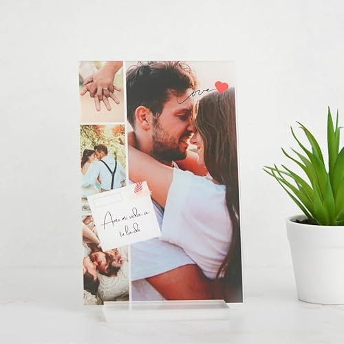Cristal Plaque Lamparas Personalizadas 4 Fotos y Texto Especial con Luz Led USB en Metacrilato Transparente Lampara para Fotos Regalo Aniversario Pareja Original