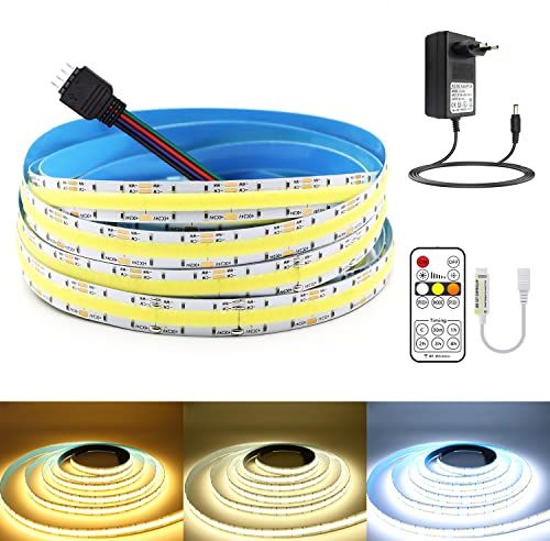 Arotelicht COB LED Streifen 24V CCT Weiß 2700K-6500K 3M, COB LED Strip dimmbar IP20 mit Netzteil und RF Controller für unter Schrank Schlafzimmer Küche Zuhause DIY TV Beleuchtung
