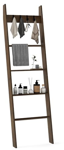 GOPLUS Porte Serviette Salle de Bain à 5 Niveaux, Support Serviette Salle de Bain Etagère en Bambou de 148 cm avec 4 Crochet Amovible, Kits Anti-Basculement, Support Mural pour Couette, pour WC, Salon