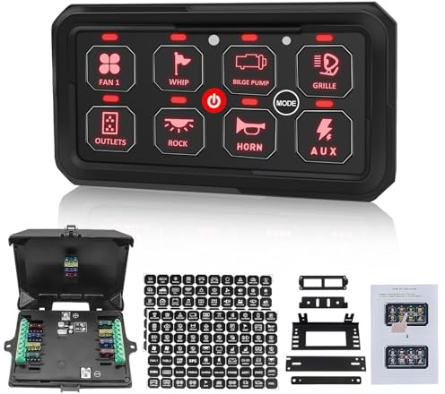 Chelhead 8 Gang Panneau de commutation tout-terrain avec fonction mémoire ; interrupteur marin multifonction 12 V/24 V ; Kit Panneau de Interrupteur 6 Gang 60 A avec fusibles électroniques, universel