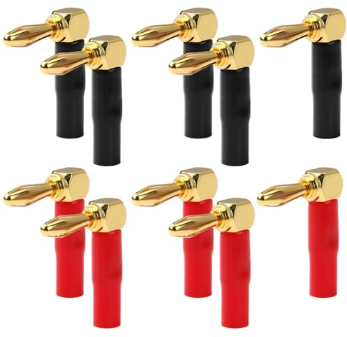 Jiyeo 10 Pack 90 Degree Banana Plugs 24K Gold Plated 4mm Right Angle Dual Screw Closed Design Speaker Connectors for Amplifier Home Theater Audio Receiver Sound Systems (5 Red + 5 Black)