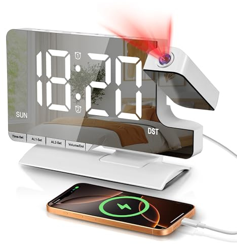 Sukeen Wecker mit Projektion, Wecker Digital 180° drehbarem Projektor, 7.3 Projektionswecker mit Dual-Alarm, Schlummern, Wochentagsanzeige, 6 Helligkeitsstufen, 5 Lautstärkestufen, Ladeanschluss Weiß