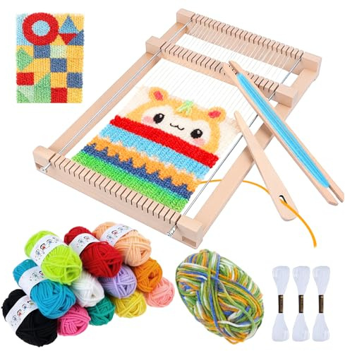 Kuvarix Webrahmen für Kinder, DIY Holz Webrahmen Set ab 4 6 Jahre, Holz Webstuhl Handarbeits Set mit Farbige Wolle, 29x19cm Schulwebrahmen für Schüler Anfänger, Bastelset für Kinder von 4–12 Jahren