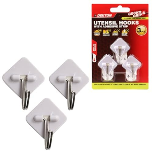 Dekton Geckogrip Utensil Hooks 3pc White - Strong Adhesive Wall Hooks, Rental Safe, Holds up to 500g, Easy to Apply & Remove - Ideal for Kitchen Utensils & Household Storage