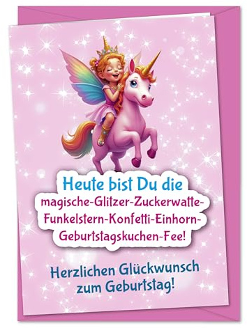 PAPIERSTROLCH Geburtstagskarte rosa Glitzer Mädchen Einhorn, magisches Design mit funkelnden Sternen, XL Karte Geburtstag, Prinzessin, Glückwunschkarte inkl. Umschlag (Version D)