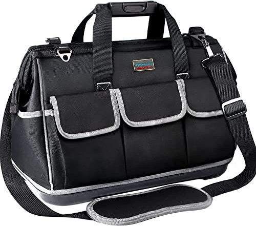 Tool Bag, Ryweavou 16 Inch Large Tool Bags With Wide Mouth and Waterproof Strong Molded Base, Heavy Duty Tool Bag Organizer with Adjustable Shoulder Strap Specially Designed for Various Tools