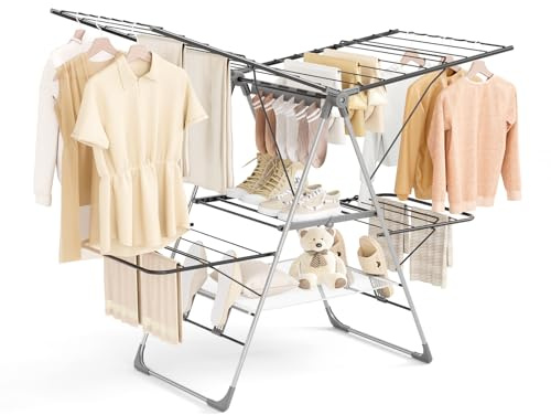 Clothes Drying Rack Foldable, 2-Tier Stainless Steel Heavy Duty Laundry Rack with Adjustable Height Wings, Sock Clips, Space Saving Drying Rack Clothing for Indoor & Outdoor, Apartment, Balcony