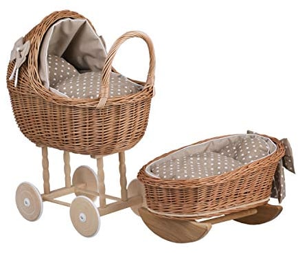 e-wicker24 Alles aus Weide Puppenwagen und Puppenwiege mit Bettwäsche perfekte Geschenkidee Korbpuppenwagen schöner Spielzeug aus Korbgeflecht Korbwiege für Puppen Spielzeug für Mädchen (Beige)