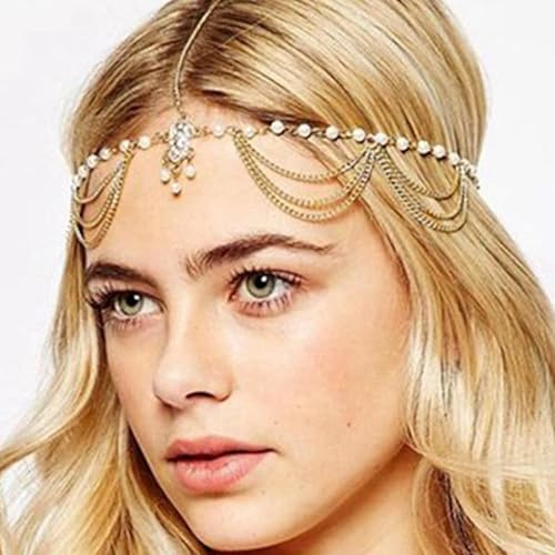 Fashband Boho Layered Head Kette Gold Perle Anhänger Kopfschmuck Vintage Quaste Festival Haarschmuck Braut Hochzeit Haarkette Schmuck für Frauen und Mädchen