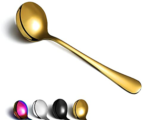 Berglander Gold Suppenlöffel von 6, Edelstahl Runde Löffel Besteck, Klassische Shiny Gold Suppenlöffel Tischlöffel Set Spülmaschinenfest