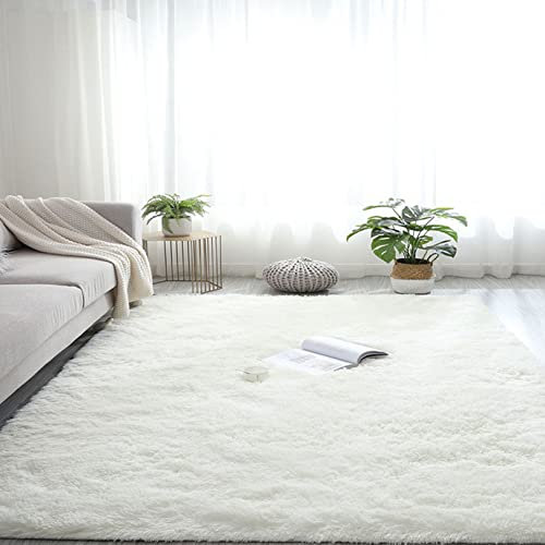YUANBIAO Langflor Teppiche 140x220cm Wohnzimmerteppich Super Soft Anti-Rutsch Flauschig Waschbar Farbecht für Schlafzimmer Esszimmer oder Kinderzimmer, Weiß