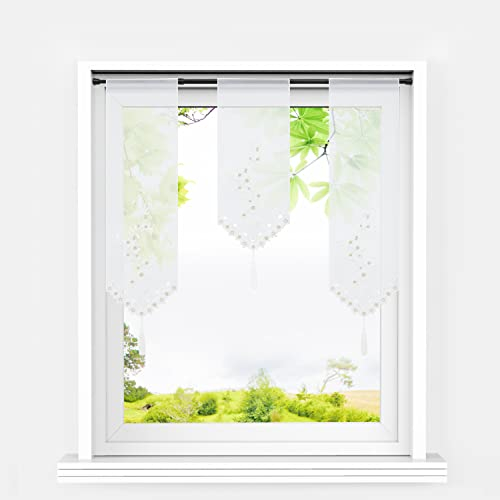 HeichkelL 3-teilige Scheibengardinen Set Voile Kurzstores mit Stickerei und Quaste Panneaux Bistrogardine Küche Lamellen Gardinen Sand BxH 20x50cm*1 + 20x70cm*2