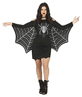 FIESTAS GUIRCA Spinnenfrau - Kurzes schwarzes Kleid mit Spinnen Aufdruck und Spinnennetz-Ärmeln Kostüm Erwachsene Damen Größe L 40-42