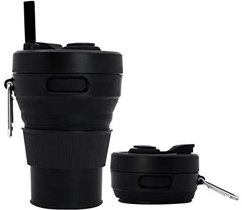 UNNESTAR Silikon-Kaffeetasse, faltbare Becher für Camping, faltbar, Reisen, mit Strohhalm, wiederverwendbar, tragbar, Trinkbecher, Outdoor, Wandern, 450 ml