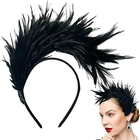 Retro Stirnband Haarreif Feder, 1920s Fascinator Feather Headband, Stirnband 20er Stil, Schwarz Feder Haarreif, 20er Jahre Stirnband Feder, 1920s Feather Headband, Feder Haarreif(Schwarz)