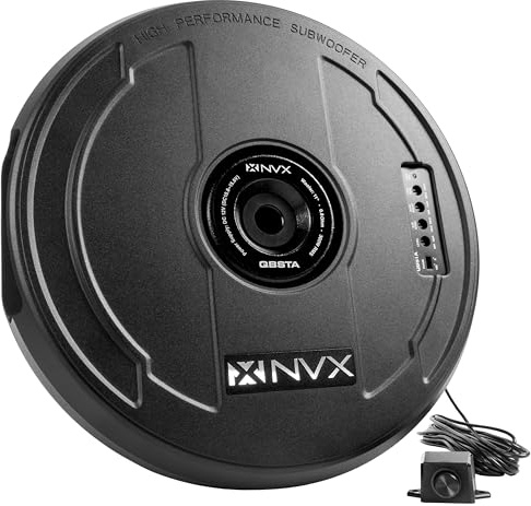 NVX QBSTA 900W Max (300W RMS) 11 Powered Spare Tire Subwoofer Box with Built-in Amp and Remote Bass Knob, Easy to Install in Cars