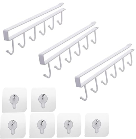 CANGCANG Estante de tazas angang, Gabinete de acabado de armarios de cocina 3pcs insertado en el gancho del estante de tazas sin agujeros 6 ganchos, estante de tazas colgantes, para colgar (Blanco)