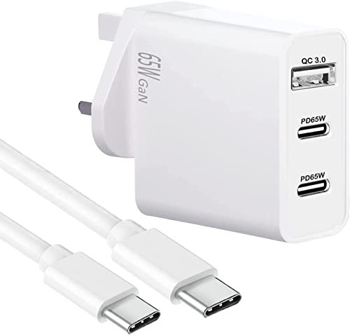 65W USB C 3-Port Fast GaN Charger for Samsung Galaxy S24 / Galaxy S24 Plus + / Galaxy S24 Ultra, Wall Power Adapter with Dual USB C and USB A Charging Ports + USB C to C Data Cable (WHITE)