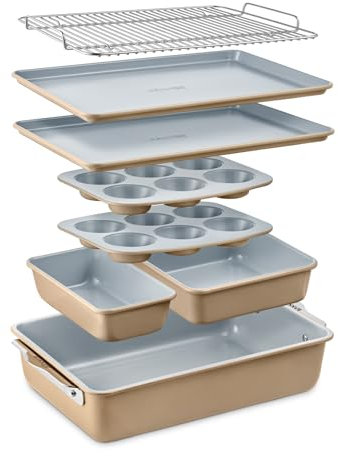 Bakken 8-Piece Stackable Bakeware Set - Ceramic Non-Stick Coating, Baking Sheets, Assorted Baking Pans, PTFE, PFOA & PFOS Free - Healthy Baking, Ergonomic Handles, Cooling Rack, Non-Toxic, Oven-Safe