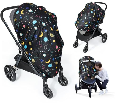 Orzbow Parasol Carro Bebe Desmontable,Sombrilla Carro Bebe Universal con Ventana Malla,Ajustable UPF 50+Parasol Carrito Bebe con Ricos Visuales Interiores,Bloquear el 99% UV,Fácil de Instalar,Universo