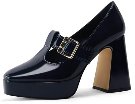 Coutgo Womens Chunky Platform Heels T Strap Mary Jane Pumps Buckle Wedding Dress Shoes, Navy Blue, 5.5 UK