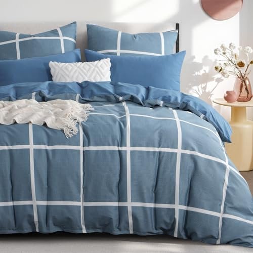 RUIKASI Bettwäsche 200x220 Baumwolle 3 teilig Denimblau - Baumwollbettwäsche 200 x 220 mit Karo Blau, Bettbezug Set 220x200 Cotton mit Reißverschluss