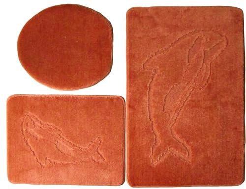 3- teiliges Badvorleger Set Ilkadim Export mit Delphin Muster, Bad Teppich 55cm X 85cm ohne Auschnit gerade für Hänge WC (Terracotta)