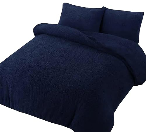 Pinkfairy Plain Teddy Fleece Duvet Cover Quilt Bedding Set With Pillow Cases, Warm Cozy Super Soft Fluffy Luxury Design Bedset Reversible Easy Care (Navy, King)