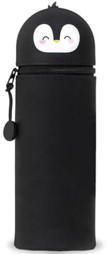 DGTSYAL Kawaii Federmäppchen, 2-in-1 Weiche Silikontasche, Stand Up Federmäppchen, Tier Stifthalter, Stifte Mäppchen, Stifthalter Bleistifttasche Mädchen Junge (Schwarz)