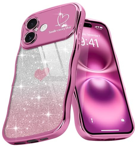 Teageo Cute Heart Pattern Curly Phone Case for iPhone 16, Wave Frame Glitter Case for Girls Women Aesthetic Bling Cover Shockproof Soft TPU Bumper for iPhone 16, Rose Red