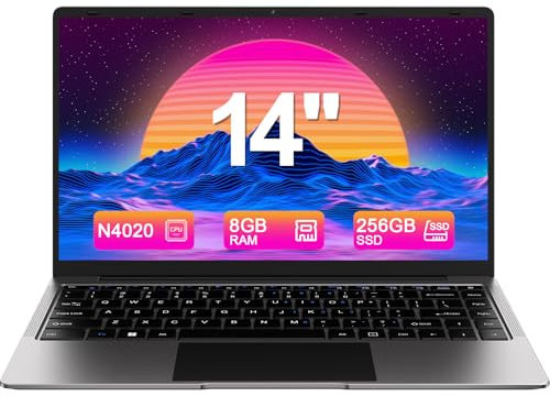 HUQPPQ 14 inch Laptop | Celeron N4020 | 8GB RAM | 256GB SSD | FHD 1920 x 1080 Display | Laptop PC with WIN11,WiFi5,USB3.0 Laptops Computer Wireless Mouse & UK Keyboard Film Included-Gray