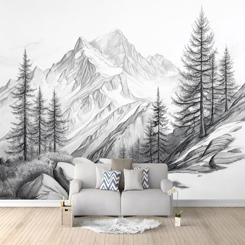 Carta da parati fotografica con disegno a matita di montagne e alberi, stile naturale paesaggio, 200 x 140 cm (larghezza x altezza), poster grande per soggiorno, camera da letto, sfondo TV