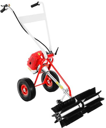 Barredora de gasolina de 43 CC, 1,7 HP manual, escoba con ruedas, 60 cm de ancho del cepillo, 2 tiempos para jardín, hierba exterior, carreteras