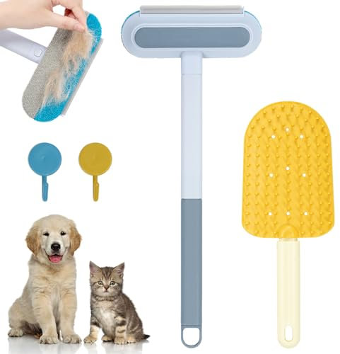 Pet Hair Remover for Carpet, 4 In 1 Multifunctional Pet Dog Cat Hair Remover, Double-Sided Dog Cleaning Brush Set With Hooks Carpet Rake, Reusable Pet Brush for Clothes Furniture Glass