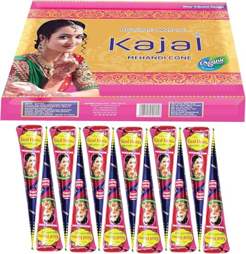 12 x Kajal Natural & Organic Brown Chemical-Free Mehndi/Henna Cones for Hand Designs. Ideal for Festivals, Celebrations, and Special Occasions