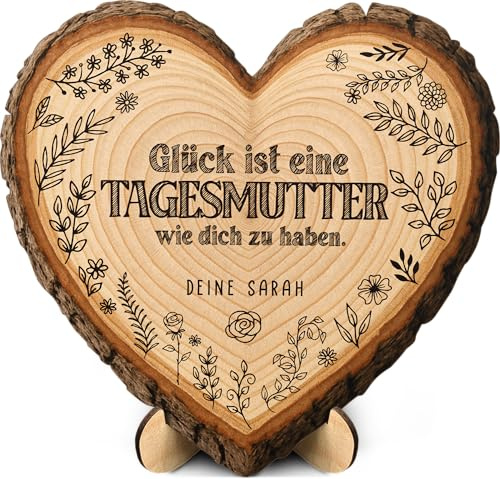 Tagesmutter Geschenk - Holzscheibe - Personalisiertes Geschenk in Herzform, Tagesmutter Abschiedspräsent, Dankeschön Tagesmama, Beste Tagesmutter Überraschung, Betreuung Abschied, Holz-Deko Gravur